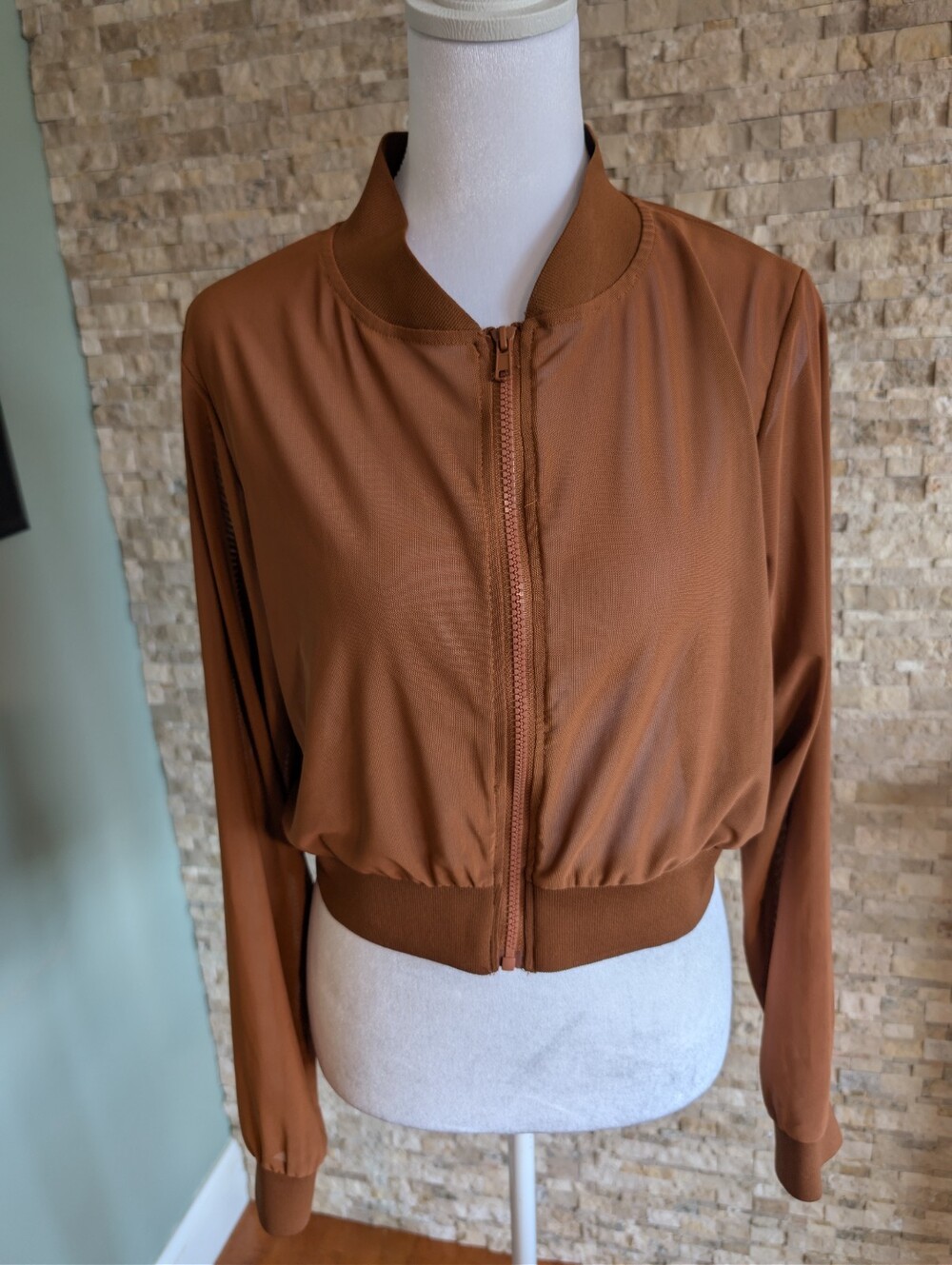 Brown Neutral Mesh Zip Up Cropped Jacket Yoga Bomber Gym Street Style